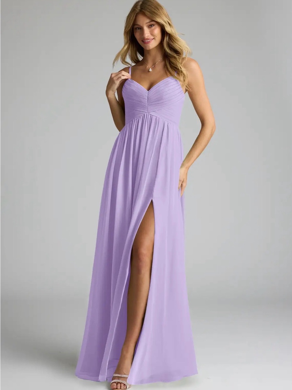 Azazie Alia Formal Chiffon Bridesmaid Dress with Front Slit, Aline, Pleated